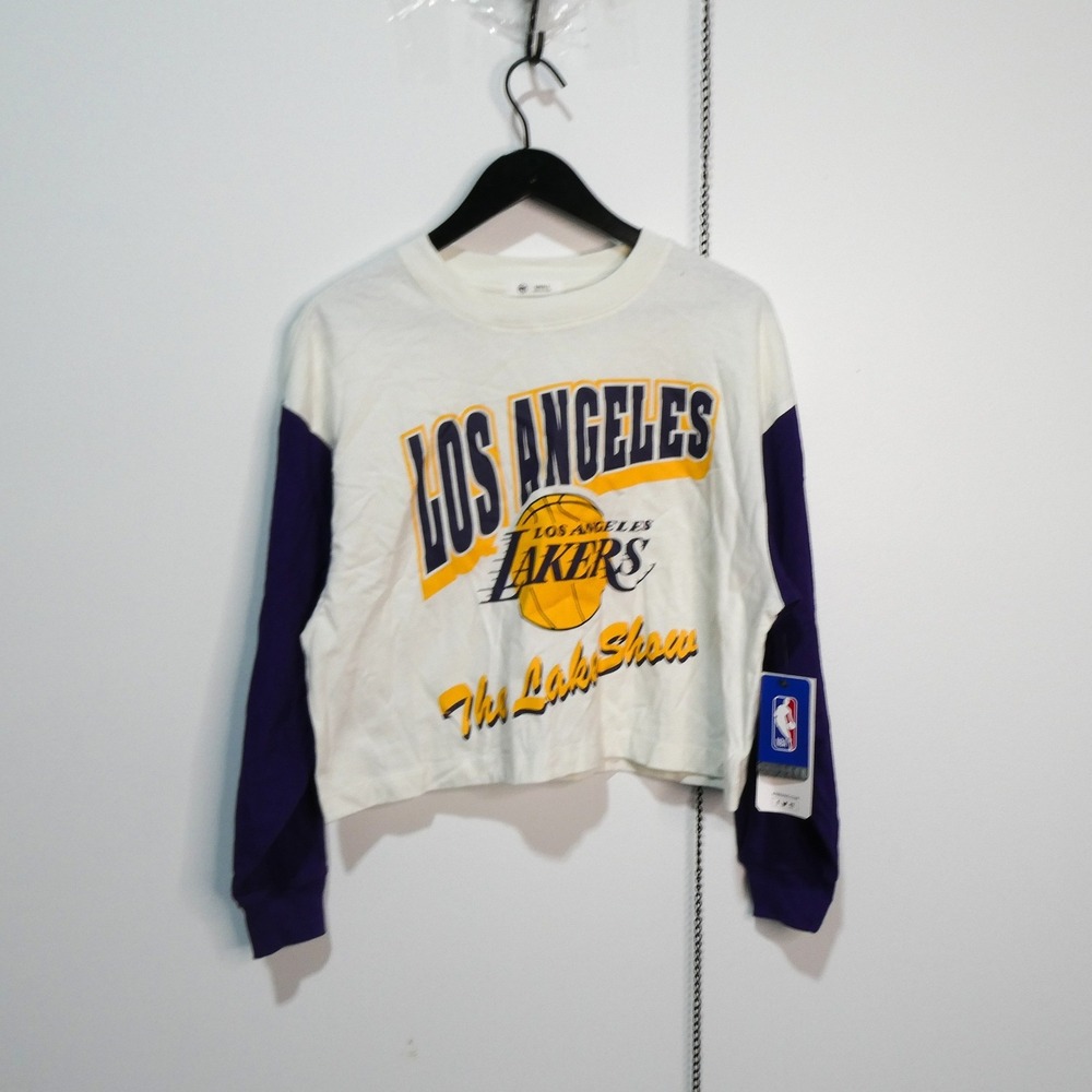 Lakers Long Sleeve Shirt Womens Small 47 Brand White Purple Crop Top New